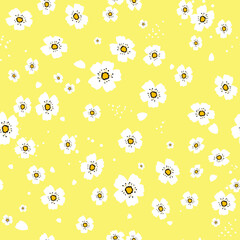 Seamless pattern with Japanese cherry blossoms. Delicate floral spring, summer ornament on a yellow background. Vector graphics.