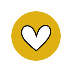 White heart icon in a yellow circle. Figure for applications, smartphone user interface. Romantic symbol of Valentine's Day. Vector graphics.