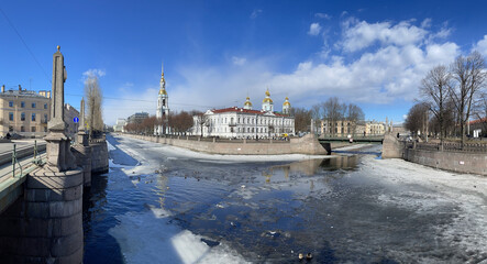 Russia, St. Petersburg, 01 April 2021: St. Nicholas Naval Cathedral belltower in a clear sunny day...