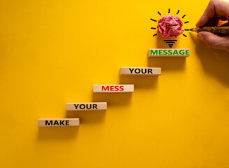 Business concept growth success process. Wood blocks stacking as step stair on yellow background,...