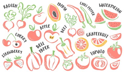 Set of hand painted redvegetables and fruits. Stylized food hand drawn with ink brush. Vector illustration isolated on white background