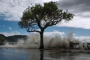 High tide waves break the wall and advance over the beach avenue in Santos, Brazil.