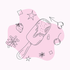  with berries set. Doodle vector graphics.Ice cream popsicle Isolated background.