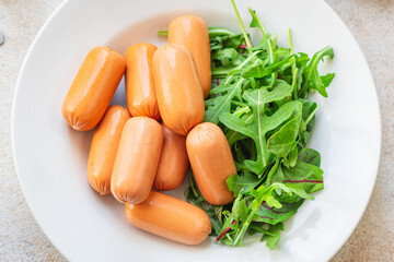 sausages soya beans seitan vegetable protein soy meatless wheat classic taste vegetarian or vegan snack ready to eat on the table healthy meal snack ingredient top view copy space food background