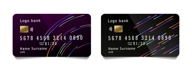 Modern credit card template design with bright neon lines in abstract movement on dark backdrop