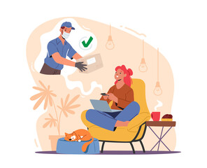 Female Character Sit at Home with Laptop Order Parcel or Food Delivery using Internet Resource. Safe Shipping Service