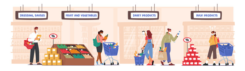 People Visiting Supermarket for Buying Grocery at Coronavirus Pandemic. Men or Women Wear Face Masks Shopping Routine