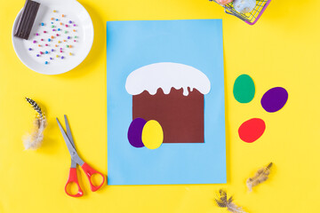 How to make an Easter card. Step-by-step photo instructions. Step 5 glue the Easter eggs on the cake in turn. DIY.