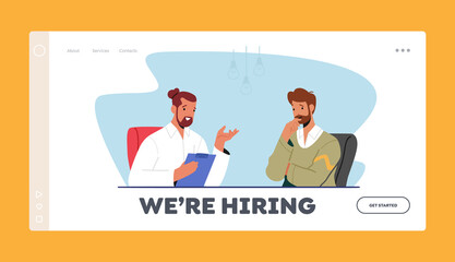 Job Hiring Landing Page Template. Business Meeting, Interviewing Process. Business Characters Sitting at Table in Office