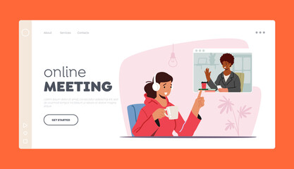 Online Meeting Landing Page Template. Workers Webcam Video Conference on Pc. Female Character Business Employee