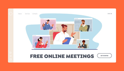 Free Online Meetings Landing Page Template. Workers Webcam Group Conference. Business Characters, Speak on Video Call