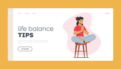 Life Balance Tips Landing Page Template. Yoga Relaxation, Tranquil Woman Meditating. Asian Girl Sit in Lotus Posture