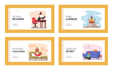 Tranquil Women Meditating at Home, Office and Outdoor Landing Page Template Set. Relaxation, Harmony, Emotional Balance