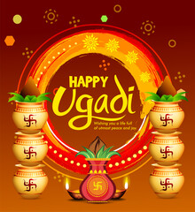 Greeting card with Kalash and traditional celebration  Indian New Year festival Ugadi (Gudi Padwa). Vector illustration.