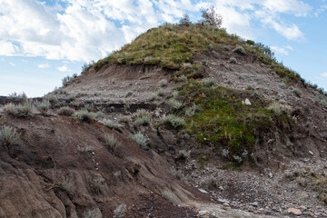 Drumheller is a town northeast of Calgary, in Alberta, Canada. On the edge of town, in Midland Provincial Park, the Royal Tyrrell Museum contains a large collection of dinosaur fossils. Downtown, stai