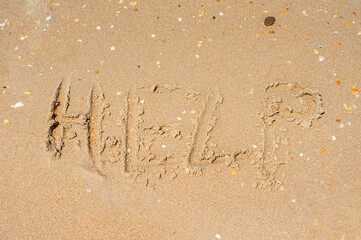 The word help written in the sand in capital letters. The concept of a call for help. High quality photo