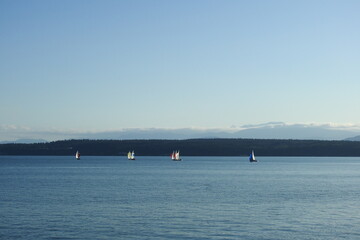 Sailboats on the waters of the Puget Sound in the Pacific Northwest, Washington State.