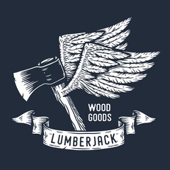 Lumberjack ax. Flying hatchet or axe with wings for woodcutter and axeman. Timberman print