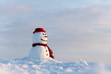 Funny snowman in stylish red hat and red scalf on snowy field. Merry Christmass and happy New Year
