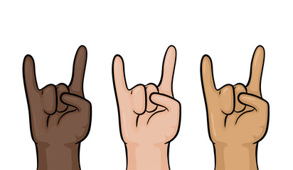 Rock hand isolated on white. Colorful cartoon cool hand gesture symbol in different skin color.