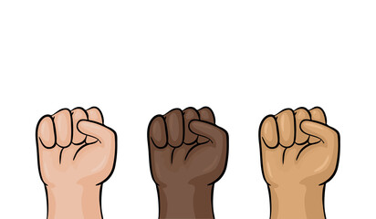 Human fist isolated on white. Colorful cartoon human fist in different skin color.