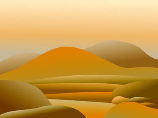 Abstract desert landscape. Mountains, sand dunes in yellow and orange color. 3D graphics