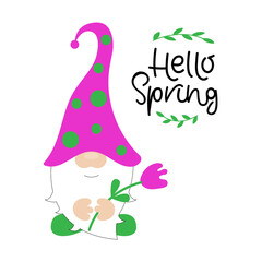 Naklejka premium Hello Spring typography poster. Lettering with cnome. Inspiring motivational phrase, scandinavian style saying.Greeting card, poster, T shirt print design.