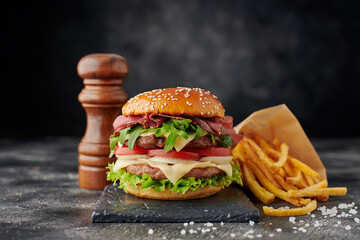 Burger with french fries on a dark background