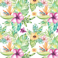 Fotobehang Tropical summer pattern with watercolor flowers © DesignToonsy