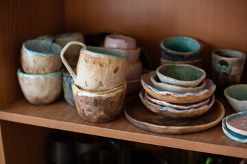 Empty bowl on rustic wood, Japanese handmade ceramic bowl, ceramic texture
