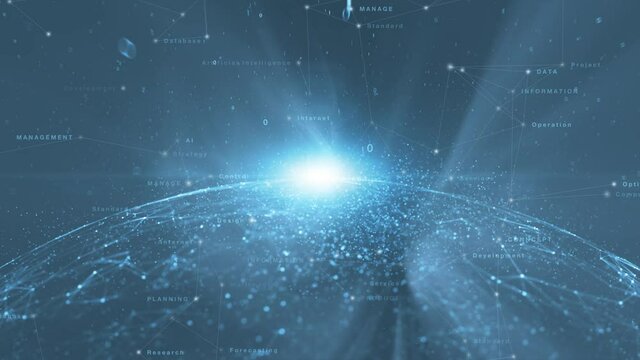 Cyberspace sphere and concept artificial intelligence technology word cloud animation.