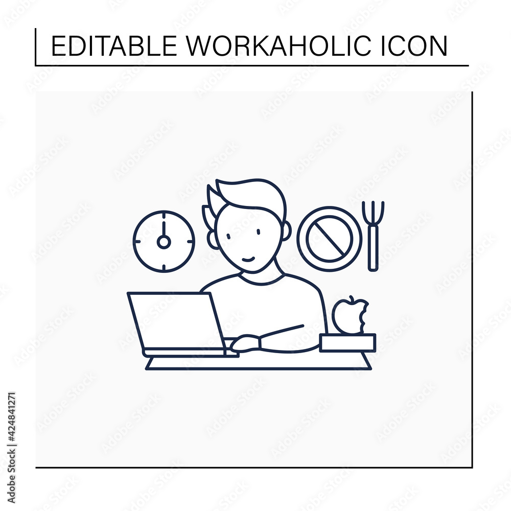 Poster workaholic line icon.skip lunch breaks through work. man at laptop. hard working.overworking concept