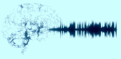 An illustration of a brain and sound waves on a blue background