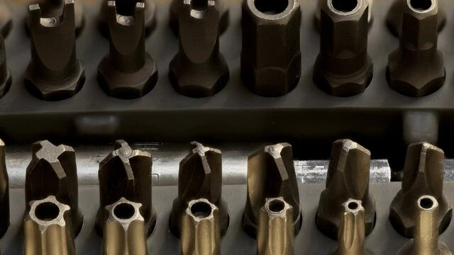 Set special screwdriver torx bits  close-up, 4K video