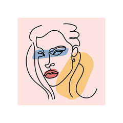 Elegant minimalist portrait continuous silhouette art. Contemporary portrait. Pretty face. Flirts. Aesthetic contour. Avant garde style illustration. Trendy vector color silhouette 