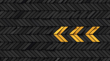 Abstract black rectangular background with yellow fields showing arrow; dark pattern with chevron arrow graphic; minimal cubical backdrop; simple geometric mesh; 3d rendering, 3d illustration