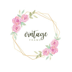 Watercolor floral vintage frame with gold border