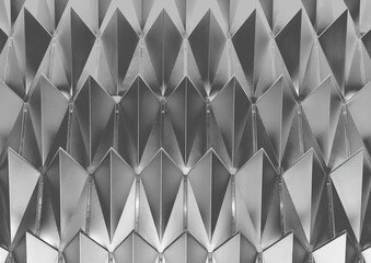 Black and white geometric texture with abstract metal pattern in interior, symmetric architectural steel background