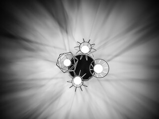Geometric chandelier with four light bulbs produces an interesting shade with copy space. Black and...