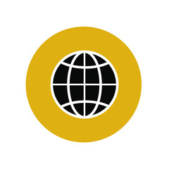 The whole world icon in a yellow circle. Global peacefulness. Achievement of equal human rights. The state of happiness and freedom on the planet. Peace fighter. Vector graphics.