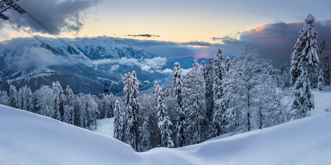 Snowy winter mountain landscape with the gondola ski lift in Krasnaya Polyana. Gazprom ski resort, Sochi, Russia © Anna