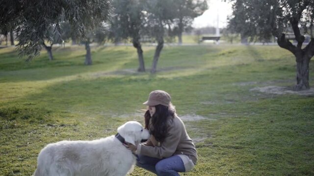 Friendship between golden retriever and mixed race woman