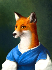 hand drawn portrait of fox in old classic style. Lady style fox in vintage dress on dark background