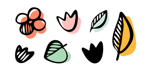 Flowers and leaves doodle set