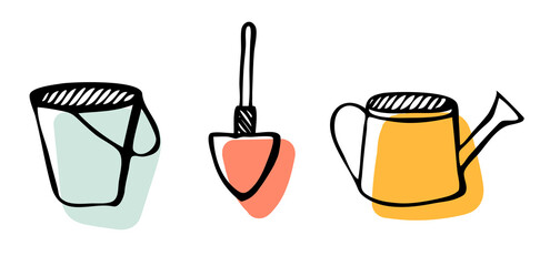 Garden tools doodle set. Bucket, shovel, watering can