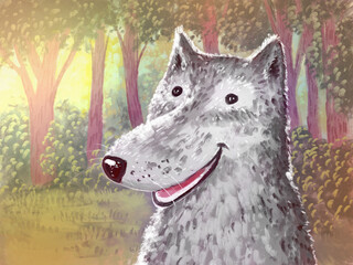 hand drawn cute cartoon wolf friendly smiling. Against the background of the forest