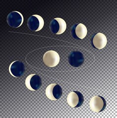 Moon phases realistic icon set on transparent background