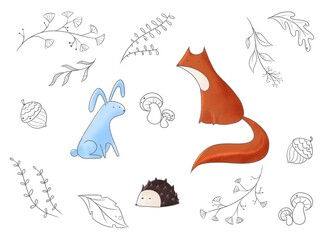 Naklejka premium Cute animals in the forest. Rabbit, Fox and hedgehog. Minimalistic leaves.