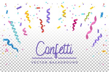 Colorful falling confetti and ribbons on transparent background.