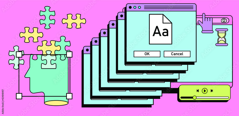 Aufkleber Retro vaporwave desktop with message boxes and user interface elements. A conceptual illustration of website and application programming.